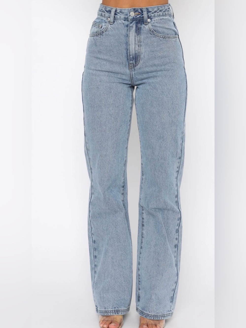 Long Way To Go High Rise Straight Leg Jeans Washed Blue. New